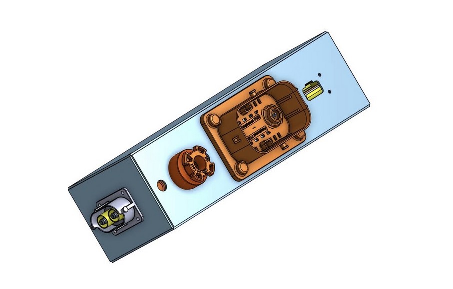 Exploded isometric CAD view of the high-voltage junction box connectors and mounting detail