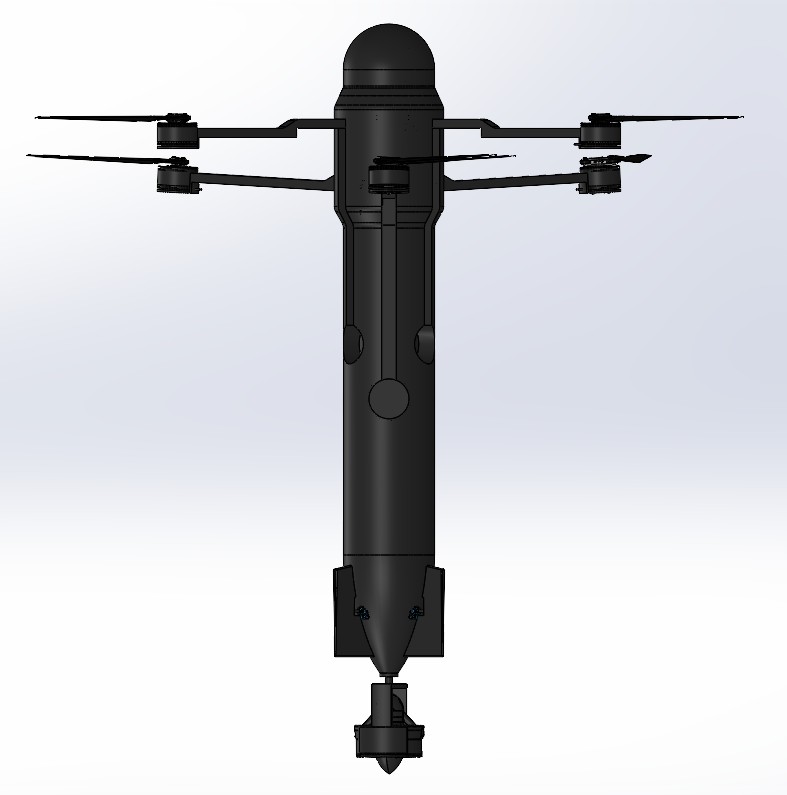 Full-vehicle CAD model of the Liminal Stratum transmedium unmanned vehicle, rotor arms deployed